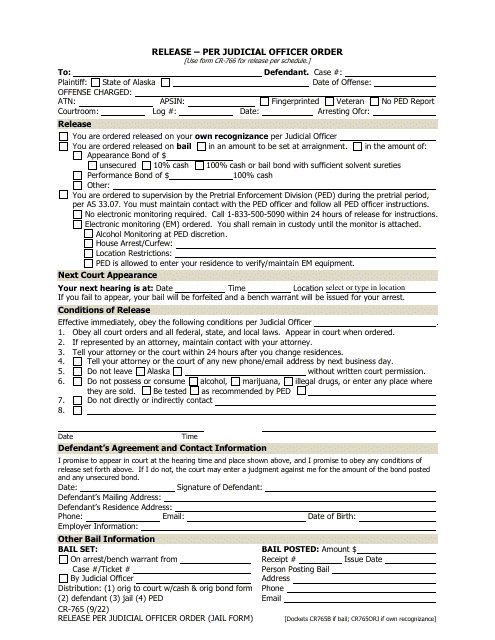 Form CR-765 Release - Per Judicial Officer Order - Alaska