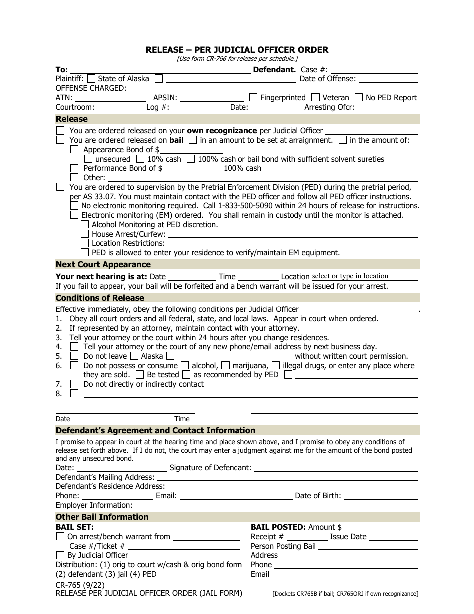 Form CR-765 Release - Per Judicial Officer Order - Alaska, Page 1