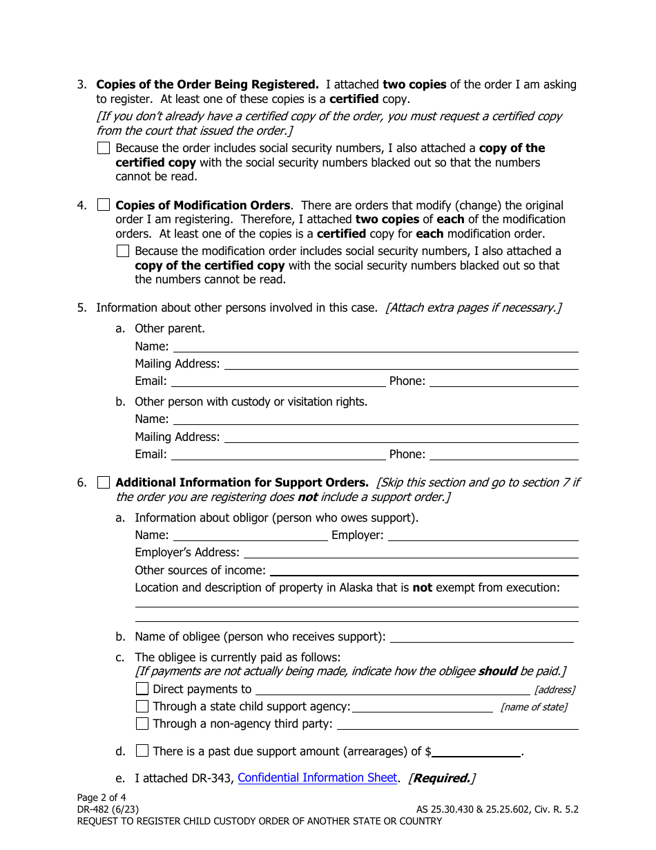 Form DR-482 Request to Register Child Custody Order of Another State or Country - Alaska, Page 2