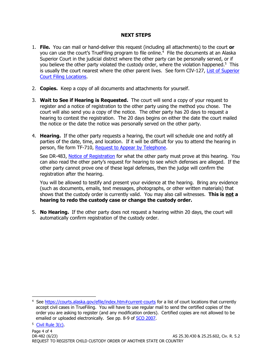 Form DR-482 Request to Register Child Custody Order of Another State or Country - Alaska, Page 4