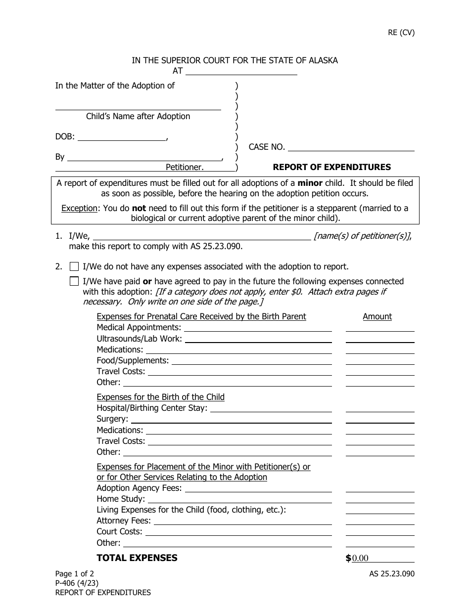 Form P-406 Report of Expenditures - Alaska, Page 1