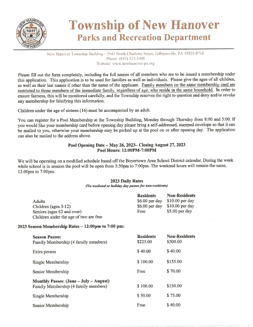 Hickory Park Pool Membership Application - Township of New Hanover, Pennsylvania, 2023