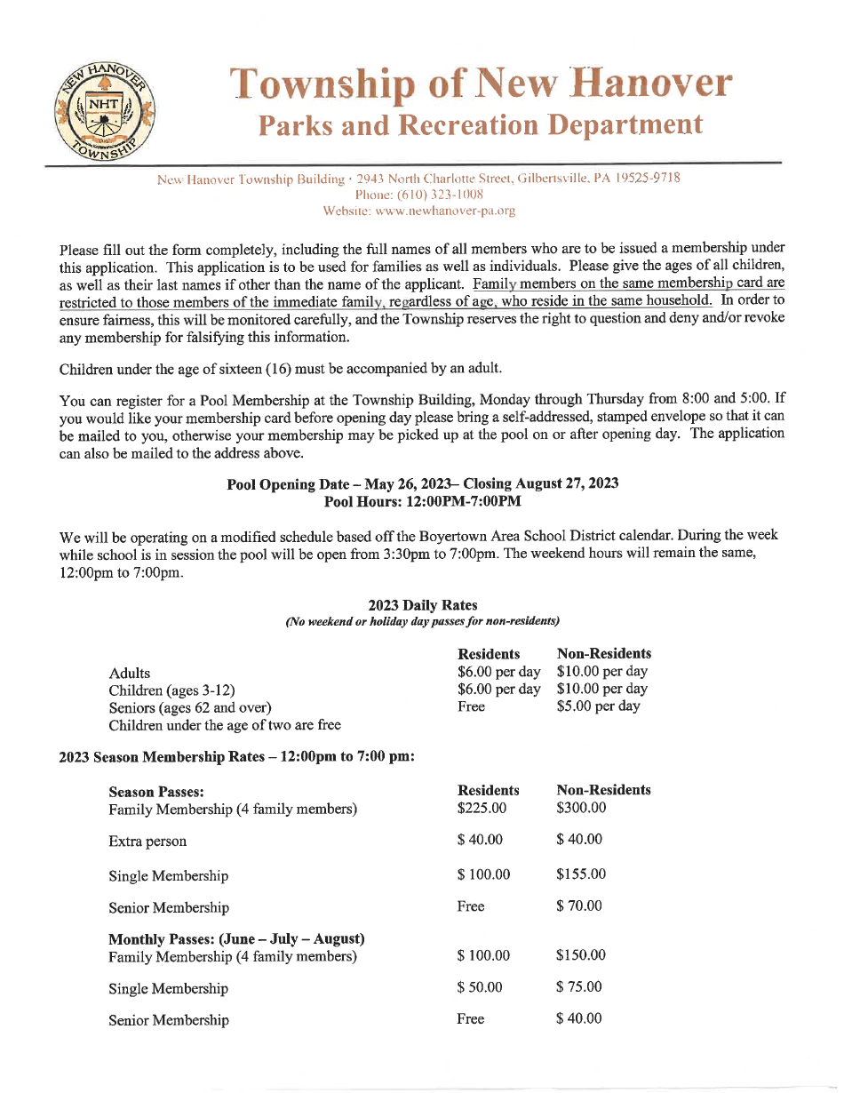Hickory Park Pool Membership Application - Township of New Hanover, Pennsylvania, Page 1