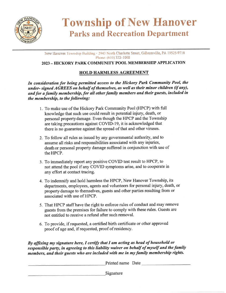 Hickory Park Pool Membership Application - Township of New Hanover, Pennsylvania, Page 3