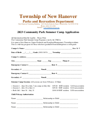 Document preview: Community Park Summer Camp Application - Township of New Hanover, Pennsylvania, 2023