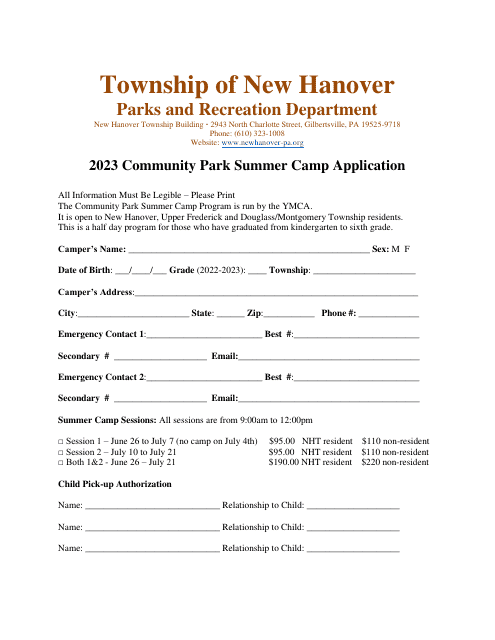 Community Park Summer Camp Application - Township of New Hanover, Pennsylvania, 2023