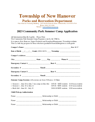 Community Park Summer Camp Application - Township of New Hanover, Pennsylvania