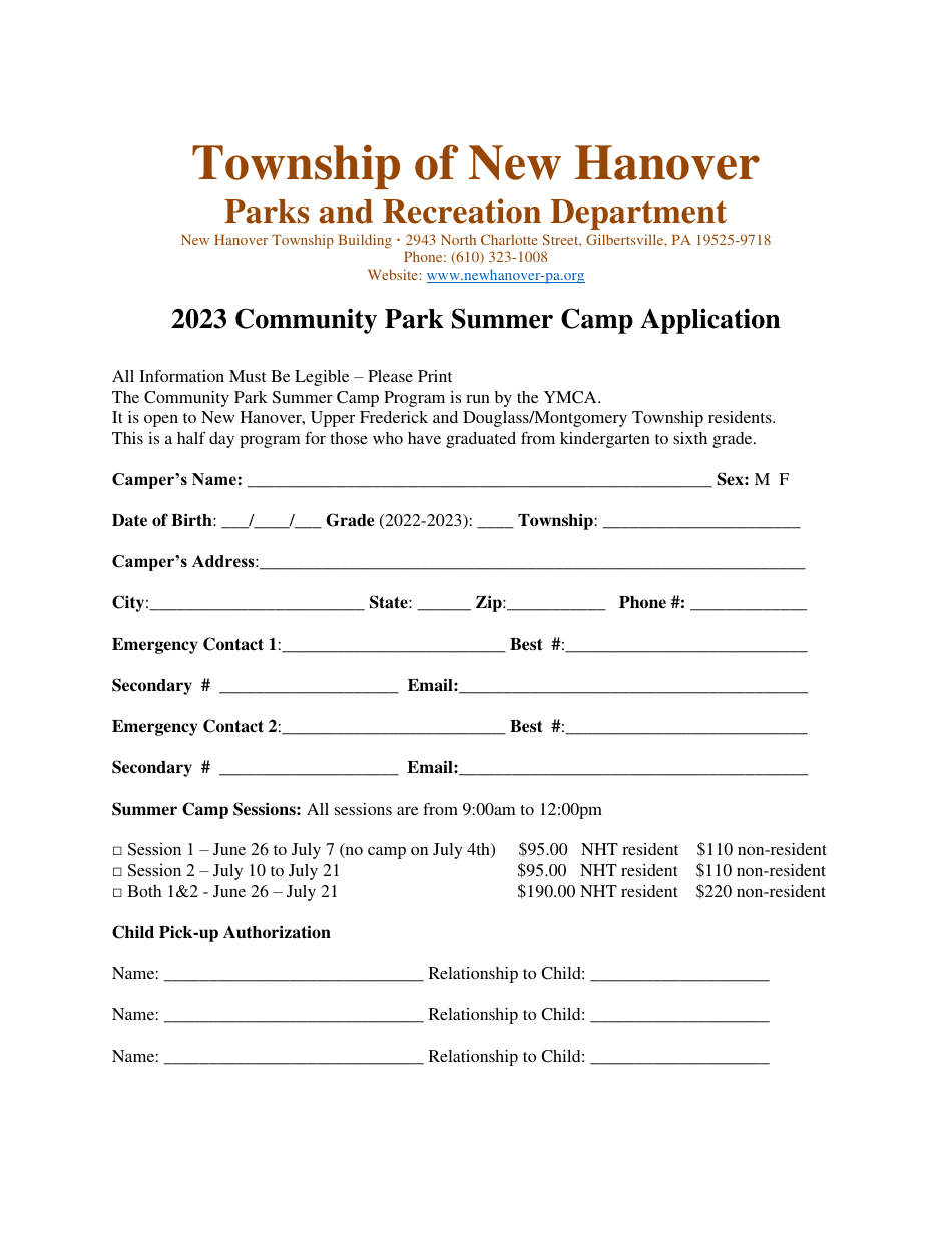 Community Park Summer Camp Application - Township of New Hanover, Pennsylvania, Page 1