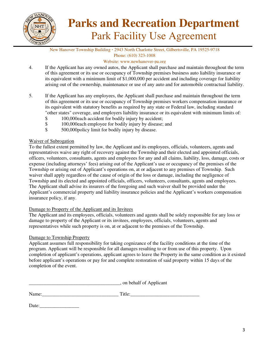 Park Facility Use Agreement - New Hanover Township, Pennsylvania, Page 3