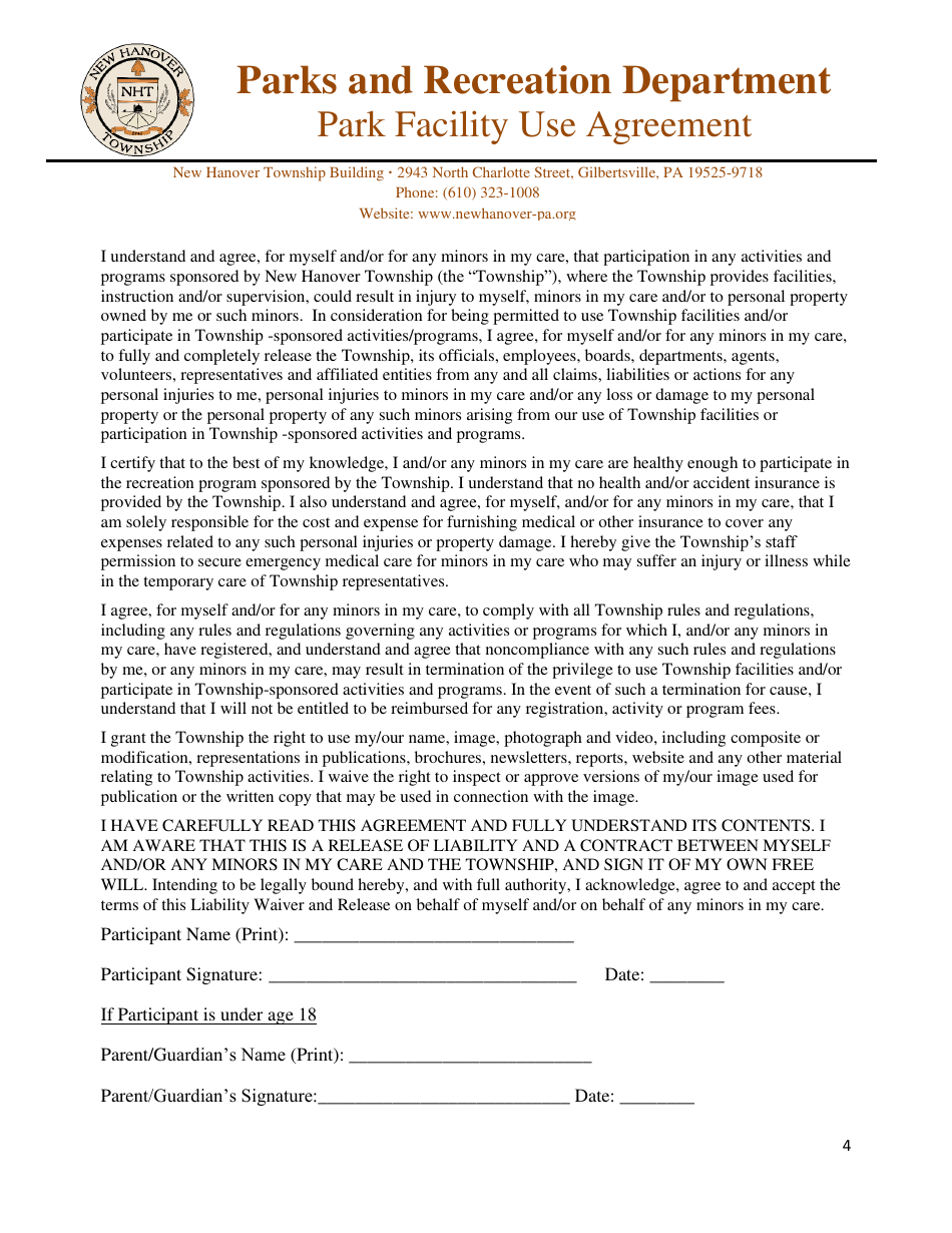 Park Facility Use Agreement - New Hanover Township, Pennsylvania, Page 4