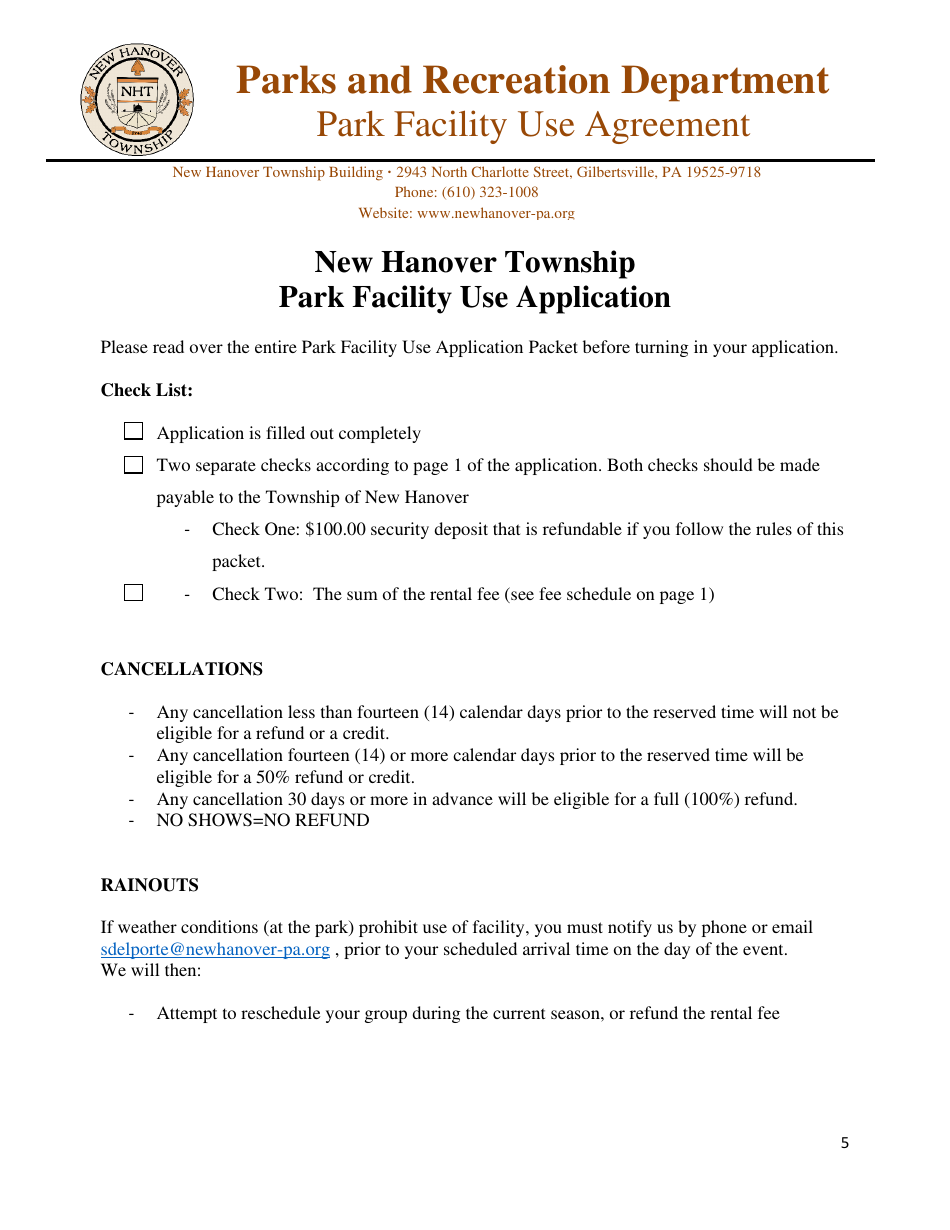 Park Facility Use Agreement - New Hanover Township, Pennsylvania, Page 5