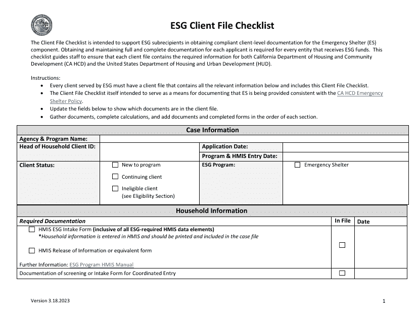 Esg Client File Checklist - California