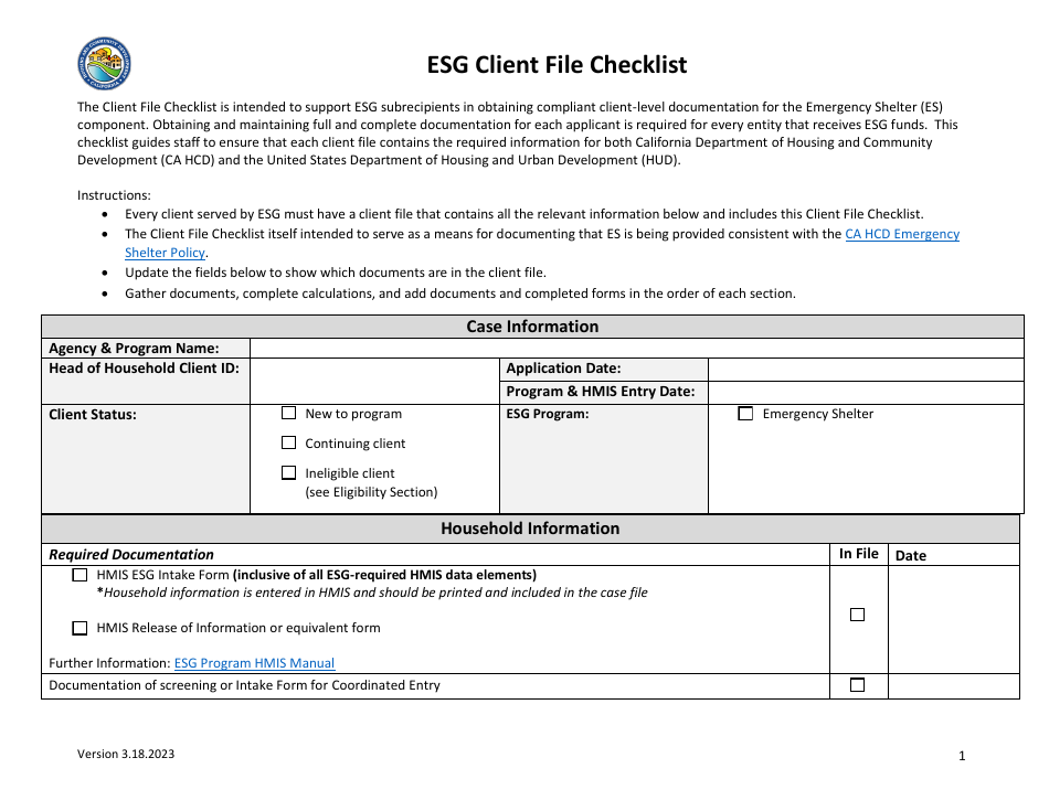 Esg Client File Checklist - California, Page 1