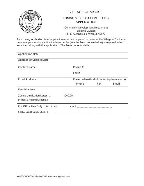 Form VOSDOCS-346564 Zoning Verification Letter Application - Village of Skokie, Illinois