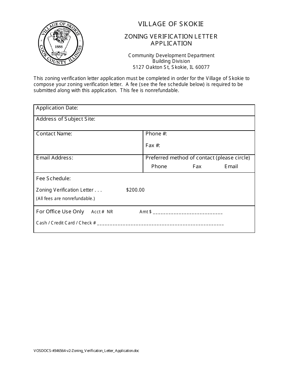 Form VOSDOCS-346564 Zoning Verification Letter Application - Village of Skokie, Illinois, Page 1