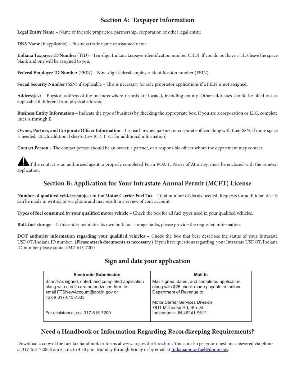 Form MCFT-1A (State Form 53994) Intrastate Motor Carrier Fuel Tax Annual Permit Application - Indiana, Page 4