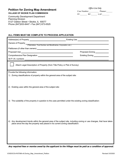 Form VOSDOCS-187568 Petition for Zoning Map Amendment - Village of Skokie, Illinois