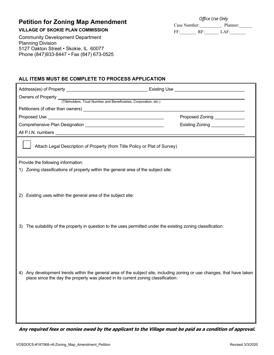 Form VOSDOCS-187568 Petition for Zoning Map Amendment - Village of Skokie, Illinois, Page 1