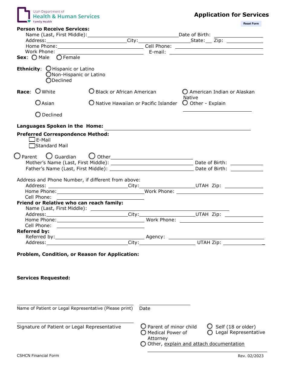 Application for Services - Utah, Page 1