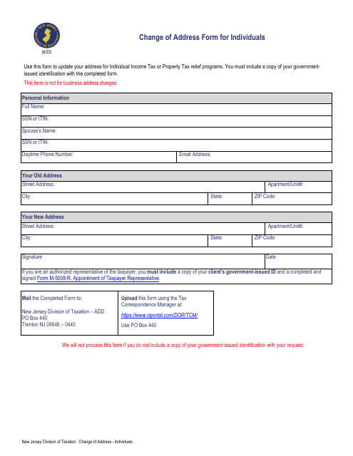 Change of Address Form for Individuals - New Jersey Download Pdf