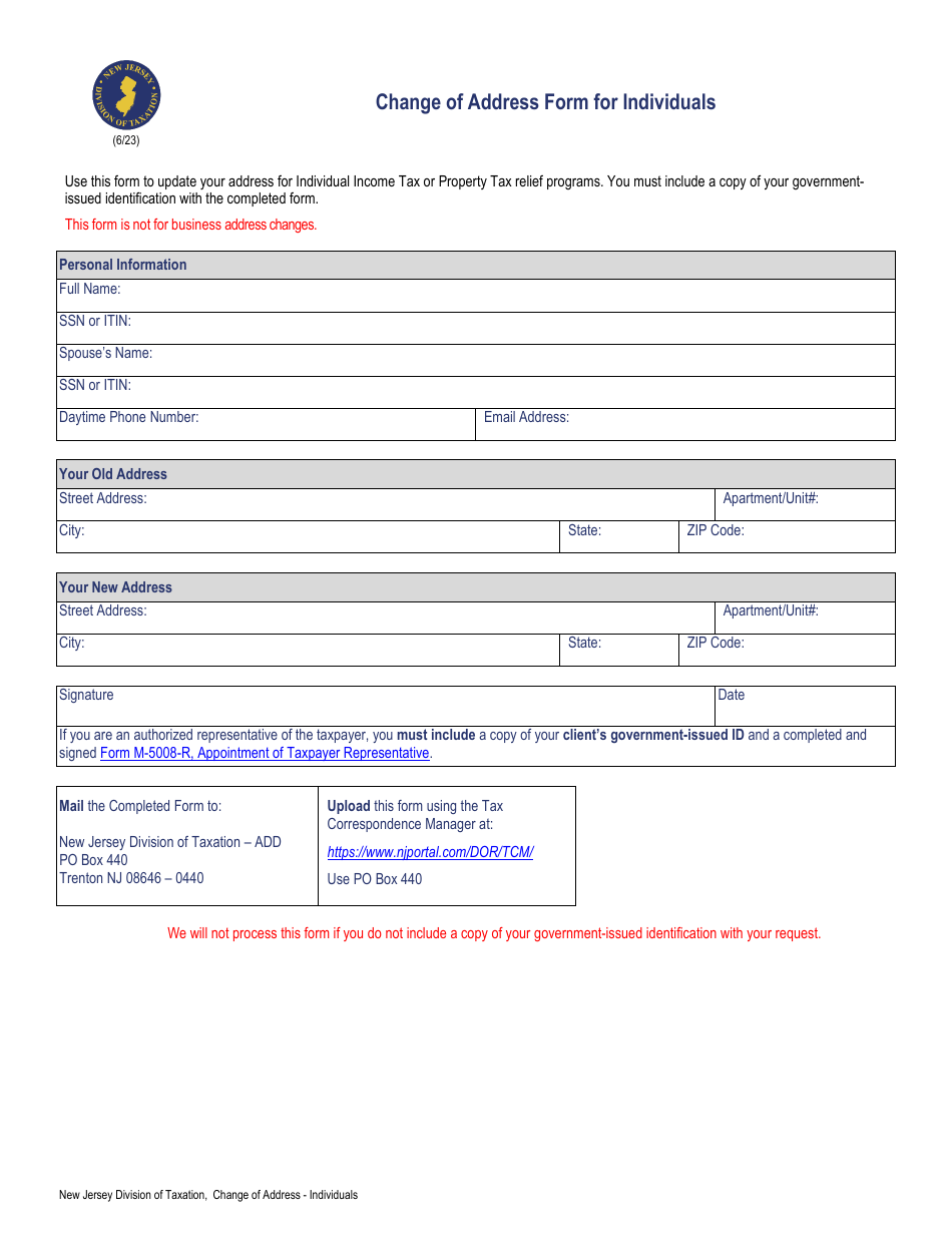 Change of Address Form for Individuals - New Jersey, Page 1