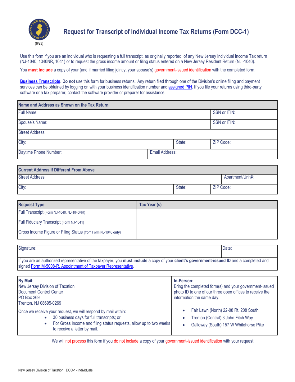 Form DCC-1 Request for Transcript of Individual Income Tax Returns - New Jersey, Page 1