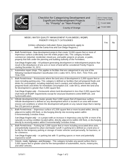 Checklist for Categorizing Development and Significant Redevelopment Projects as "priority" or "non-Priority" - Orange County, California Download Pdf