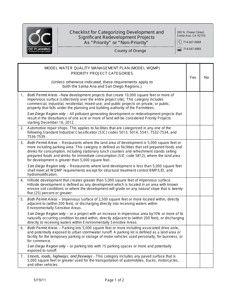 Checklist for Categorizing Development and Significant Redevelopment Projects as priority or non-Priority - Orange County, California, Page 1