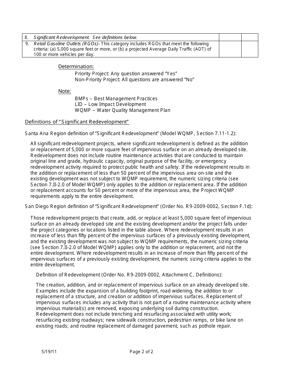 Checklist for Categorizing Development and Significant Redevelopment Projects as priority or non-Priority - Orange County, California, Page 2