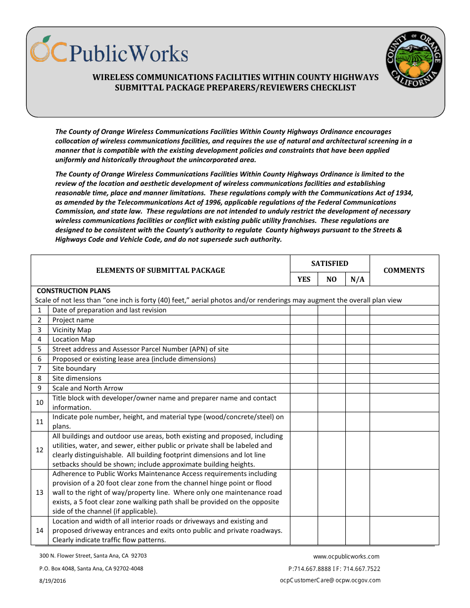 Wireless Communications Facilities Within County Highways Submittal Package Preparers / Reviewers Checklist - Orange County, California, Page 1