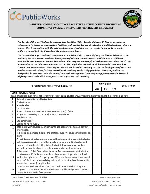 Wireless Communications Facilities Within County Highways Submittal Package Preparers / Reviewers Checklist - Orange County, California Download Pdf