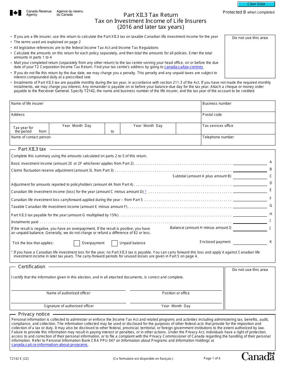 Form T2142 Download Fillable PDF or Fill Online Part XII.3 Tax Return
