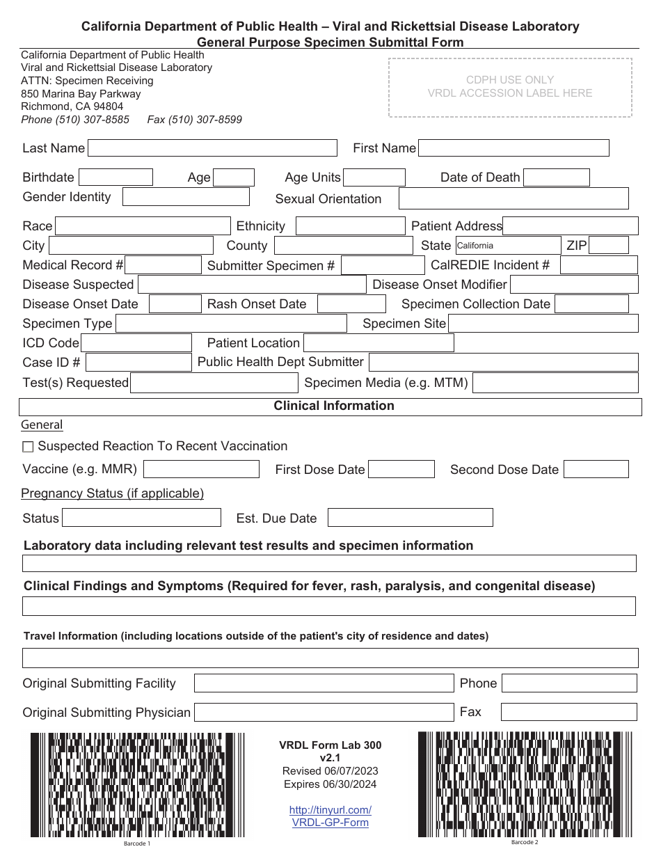 VRDL Form LAB300 General Purpose Specimen Submittal Form - California, Page 1