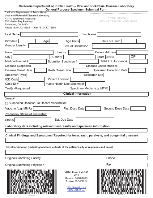 VRDL Form LAB300 General Purpose Specimen Submittal Form - California