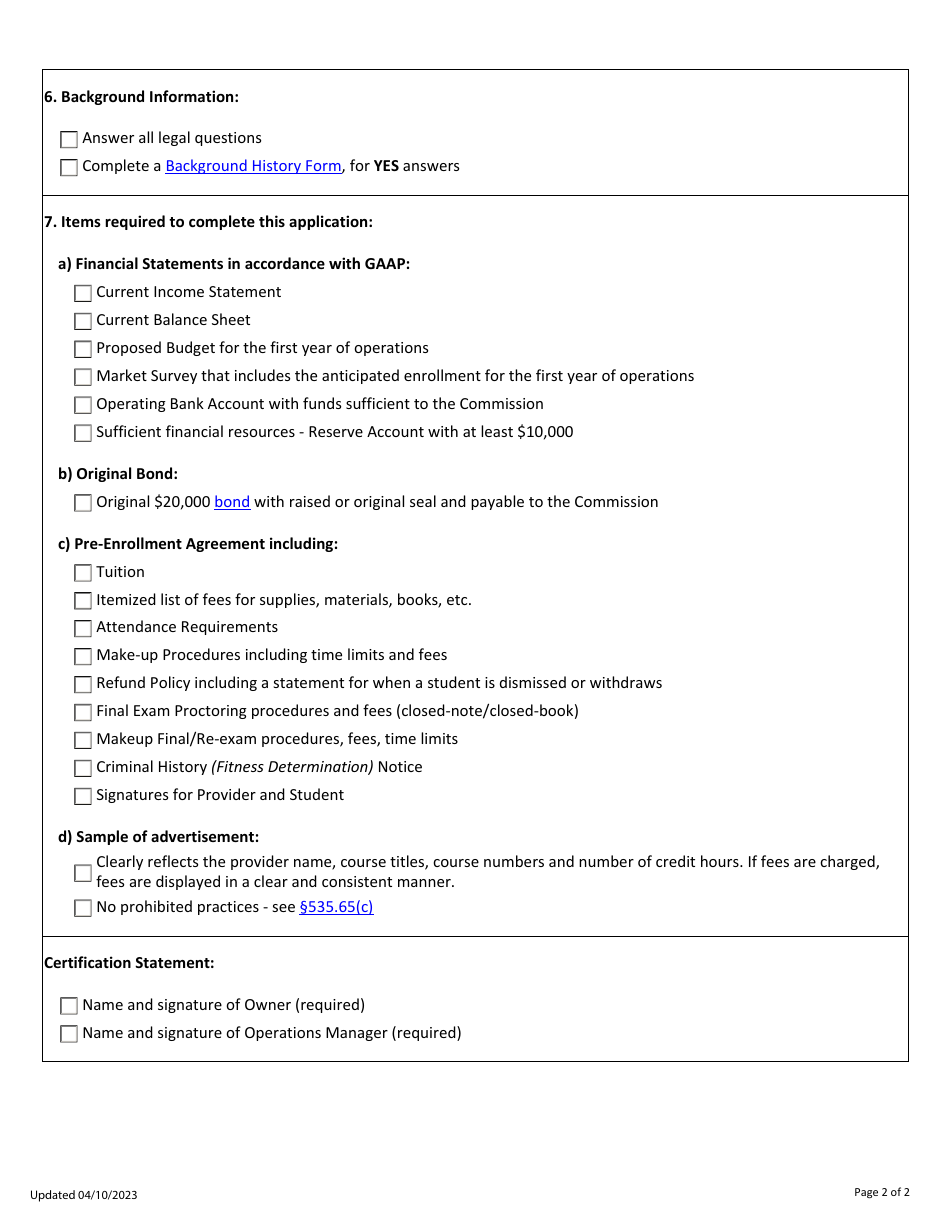Qe Provider Application Checklist - Initial - Texas, Page 2