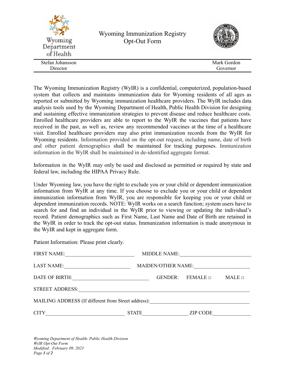 Wyoming Immunization Registry Opt-Out Form - Wyoming, Page 1