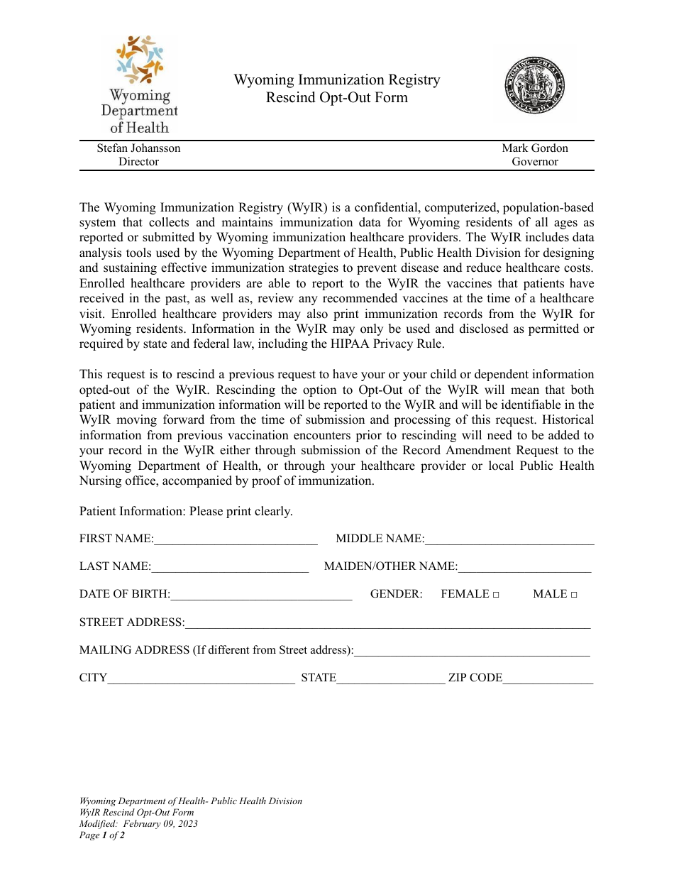 Wyoming Immunization Registry Rescind Opt-Out Form - Wyoming, Page 1