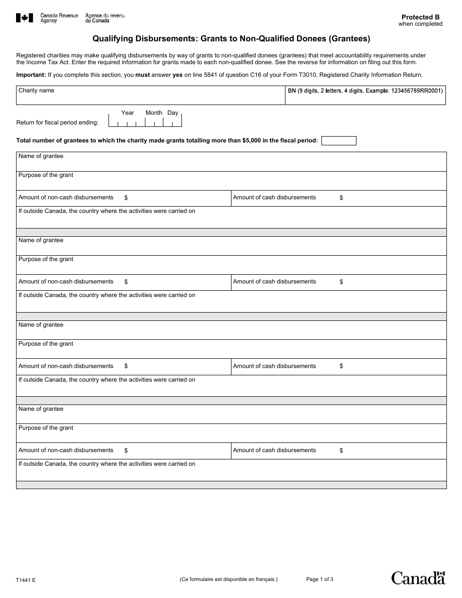 Form T1441 Qualifying Disbursements: Grants to Non-qualified Donees (Grantees) - Canada, Page 1