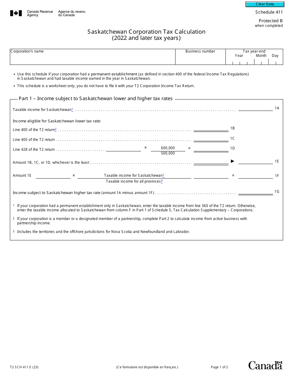 Form T2 Schedule 411 Download Fillable PDF or Fill Online Saskatchewan Corporation Tax