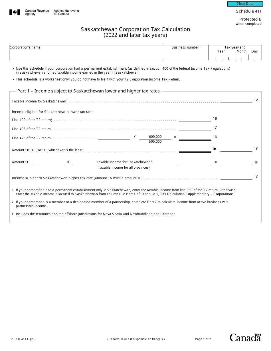 Form T2 Schedule 411 Saskatchewan Corporation Tax Calculation (2022 and Later Tax Years) - Canada, Page 1