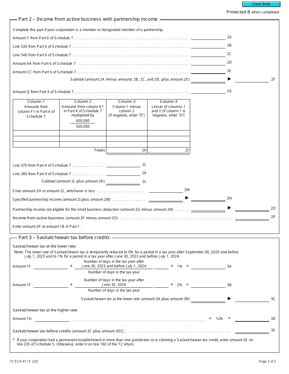 Form T2 Schedule 411 Saskatchewan Corporation Tax Calculation (2022 and Later Tax Years) - Canada, Page 2