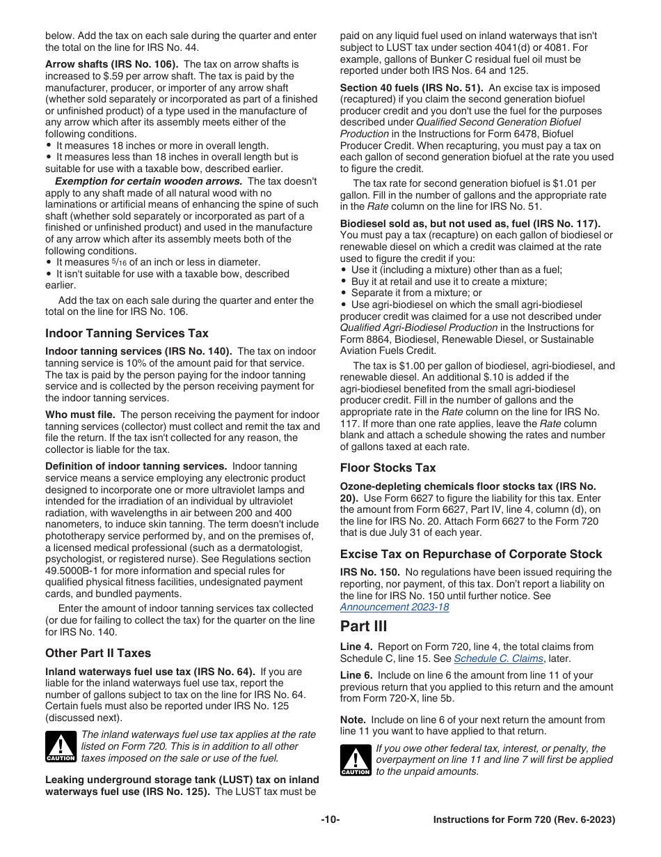 Instructions for IRS Form 720 Quarterly Federal Excise Tax Return, Page 10