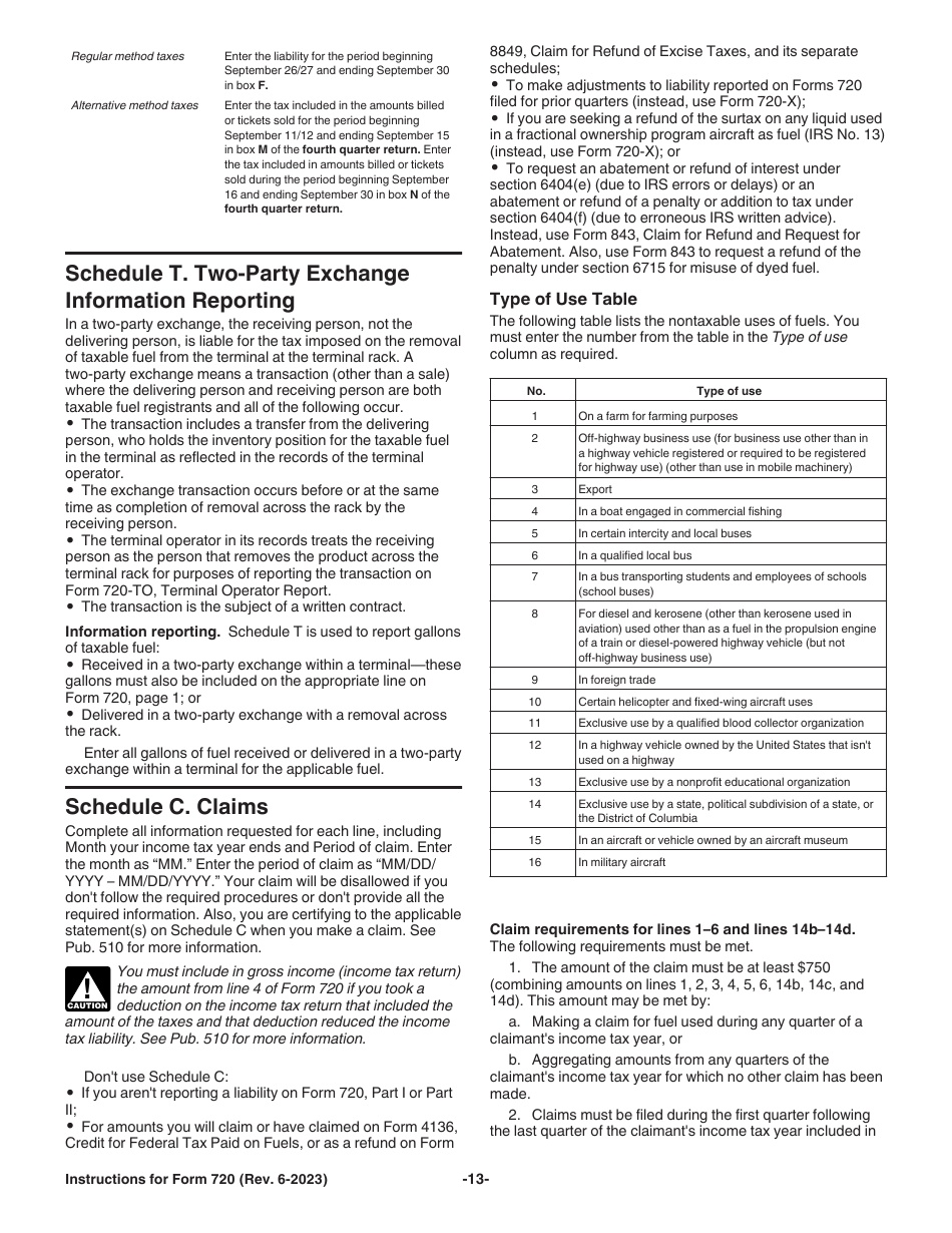 Instructions for IRS Form 720 Quarterly Federal Excise Tax Return, Page 13