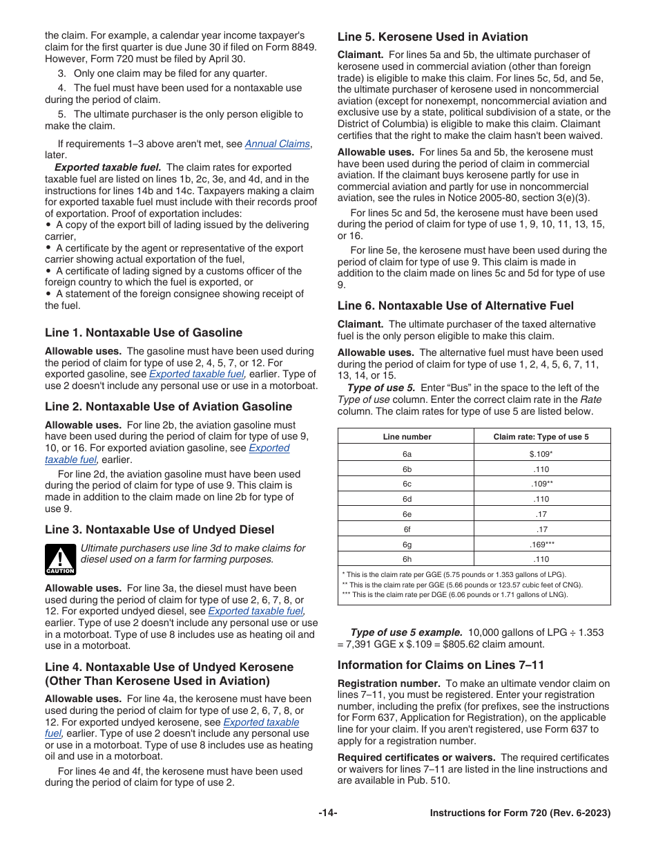 Instructions for IRS Form 720 Quarterly Federal Excise Tax Return, Page 14