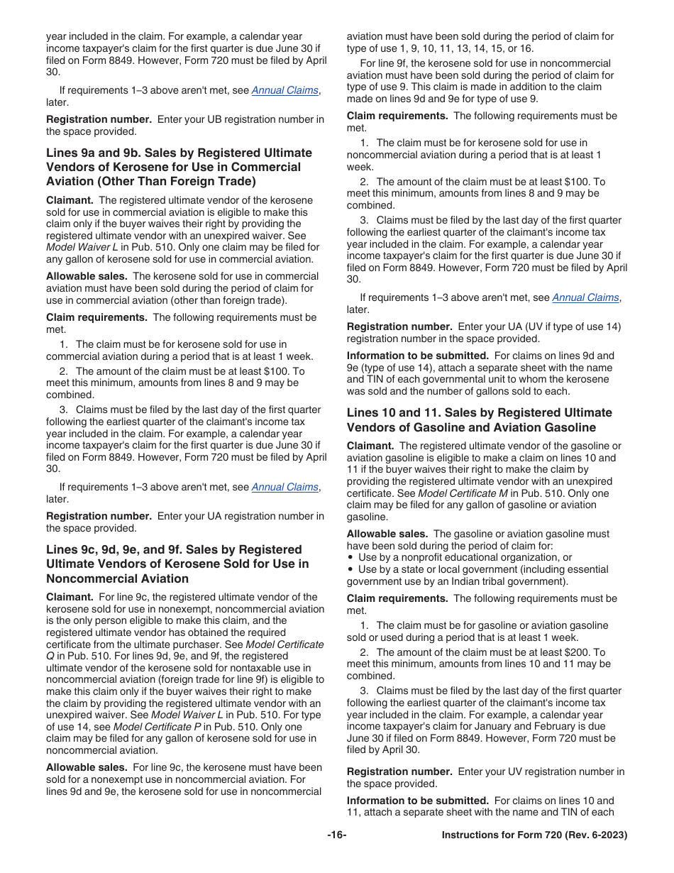 Instructions for IRS Form 720 Quarterly Federal Excise Tax Return, Page 16