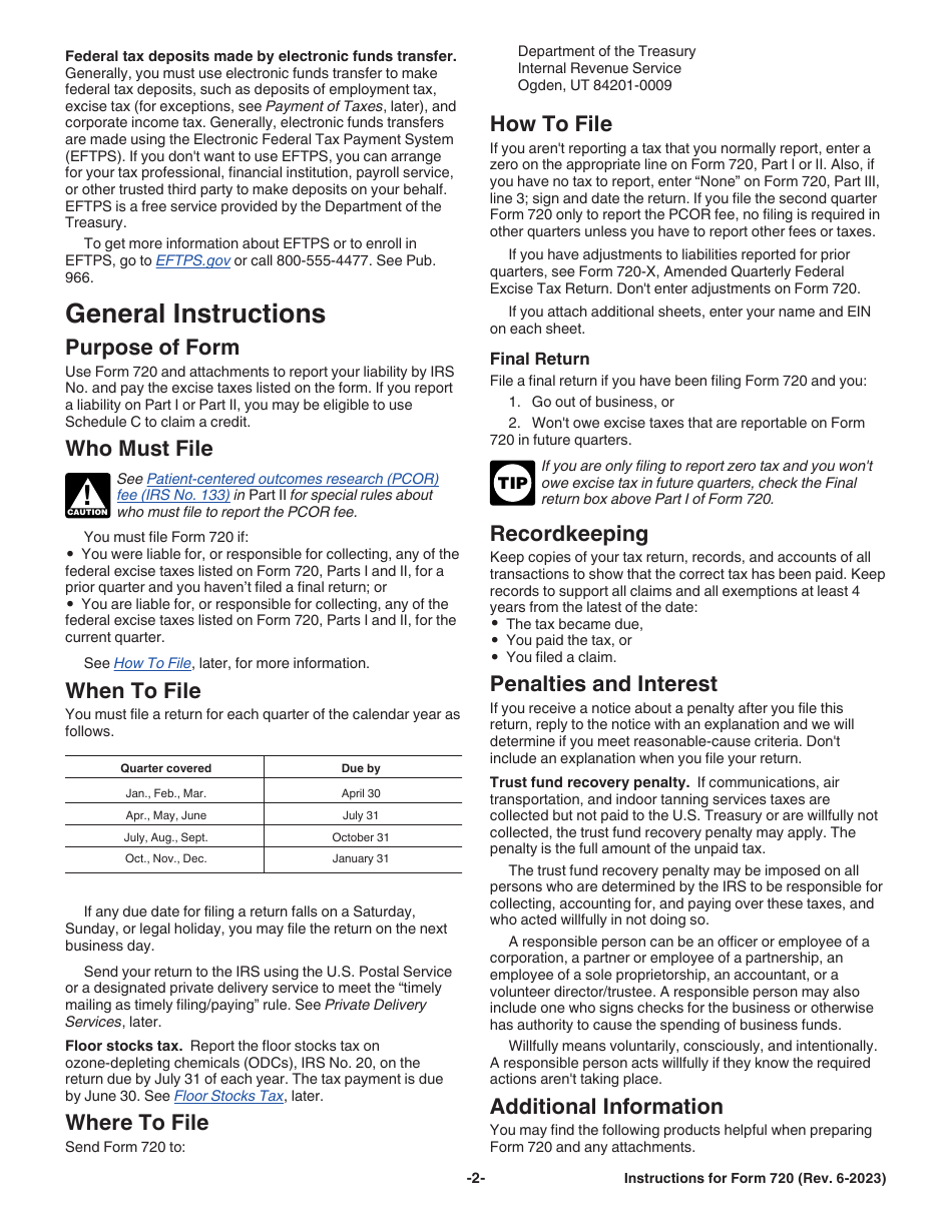 Instructions for IRS Form 720 Quarterly Federal Excise Tax Return, Page 2