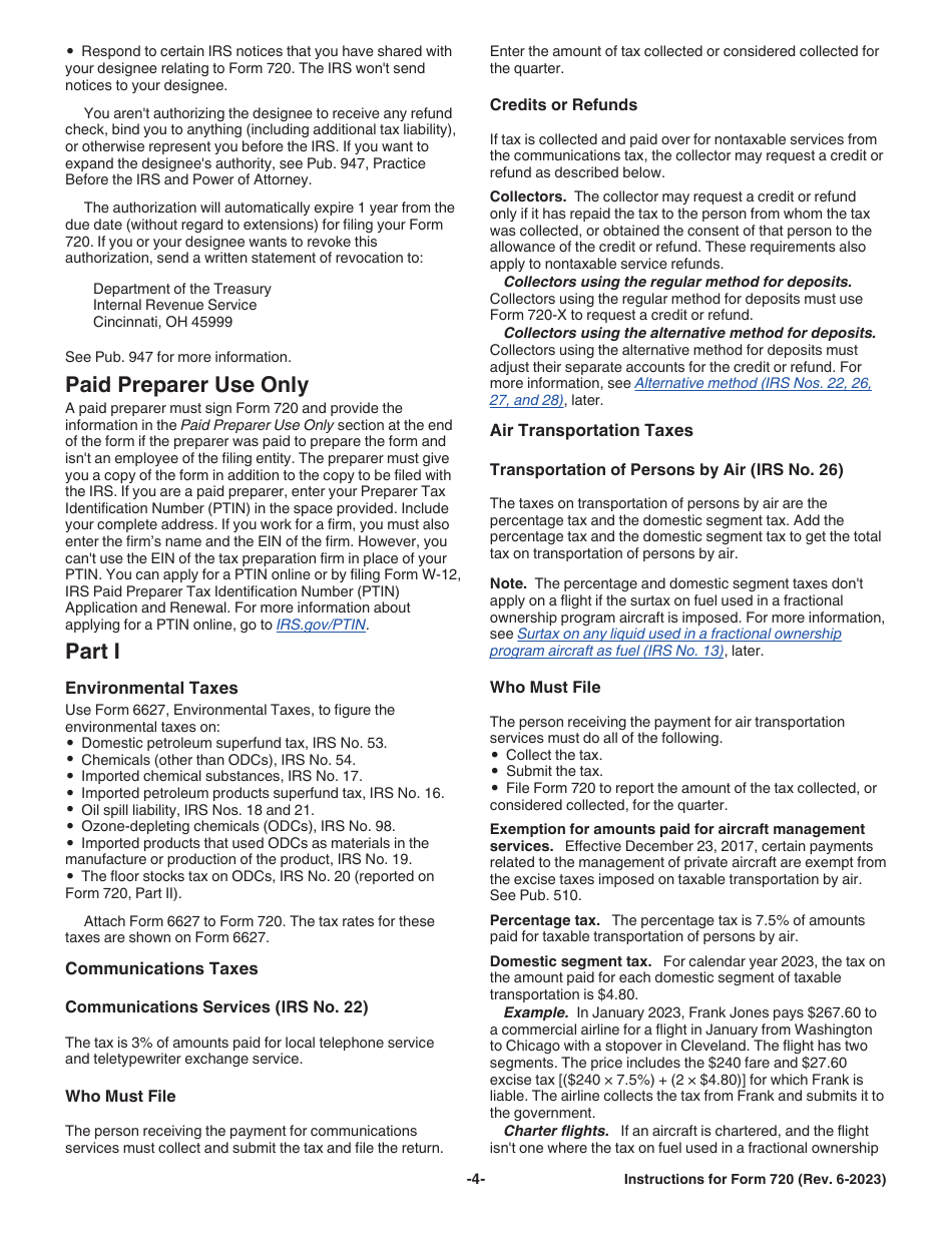 Instructions for IRS Form 720 Quarterly Federal Excise Tax Return, Page 4