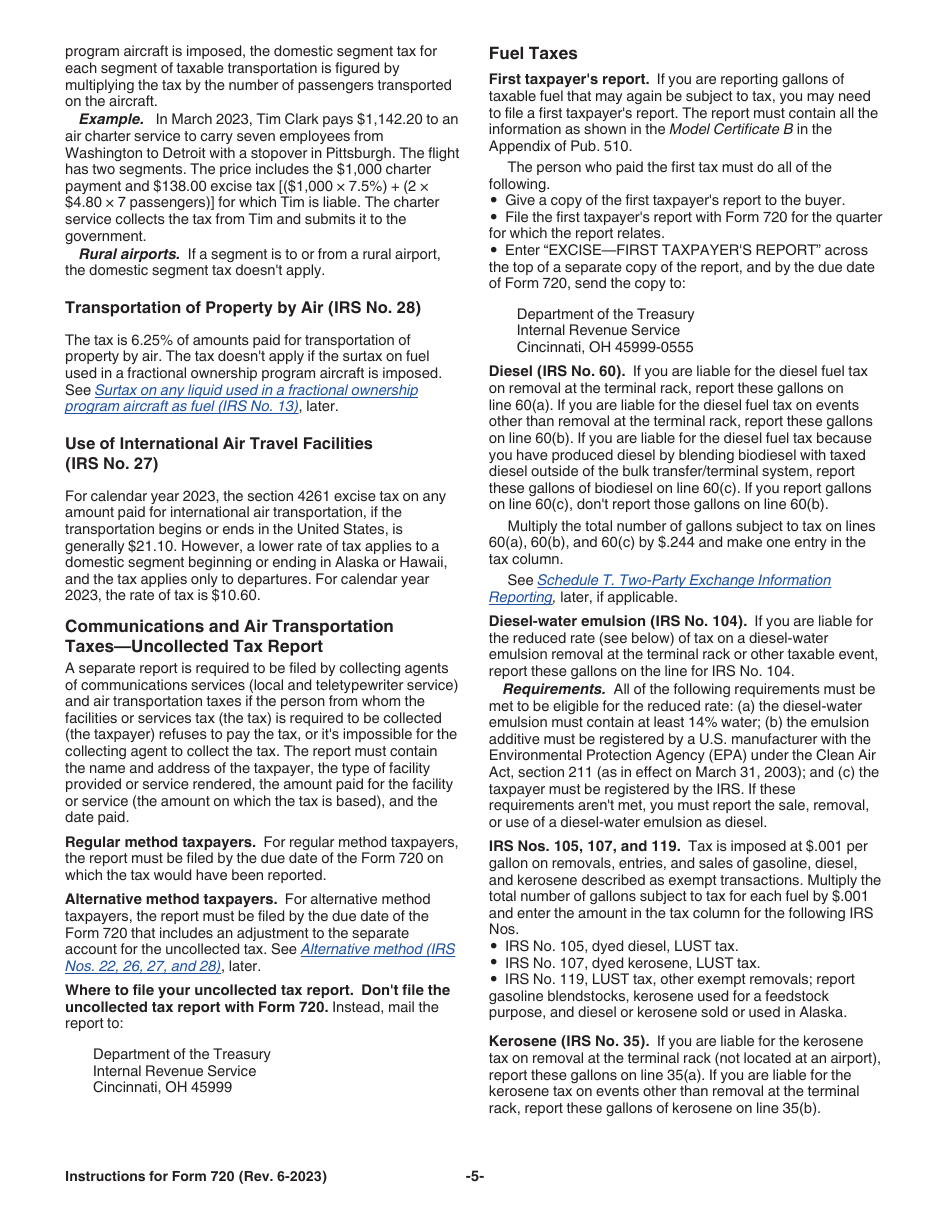 Instructions for IRS Form 720 Quarterly Federal Excise Tax Return, Page 5
