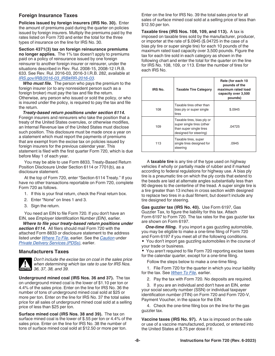 Instructions for IRS Form 720 Quarterly Federal Excise Tax Return, Page 8
