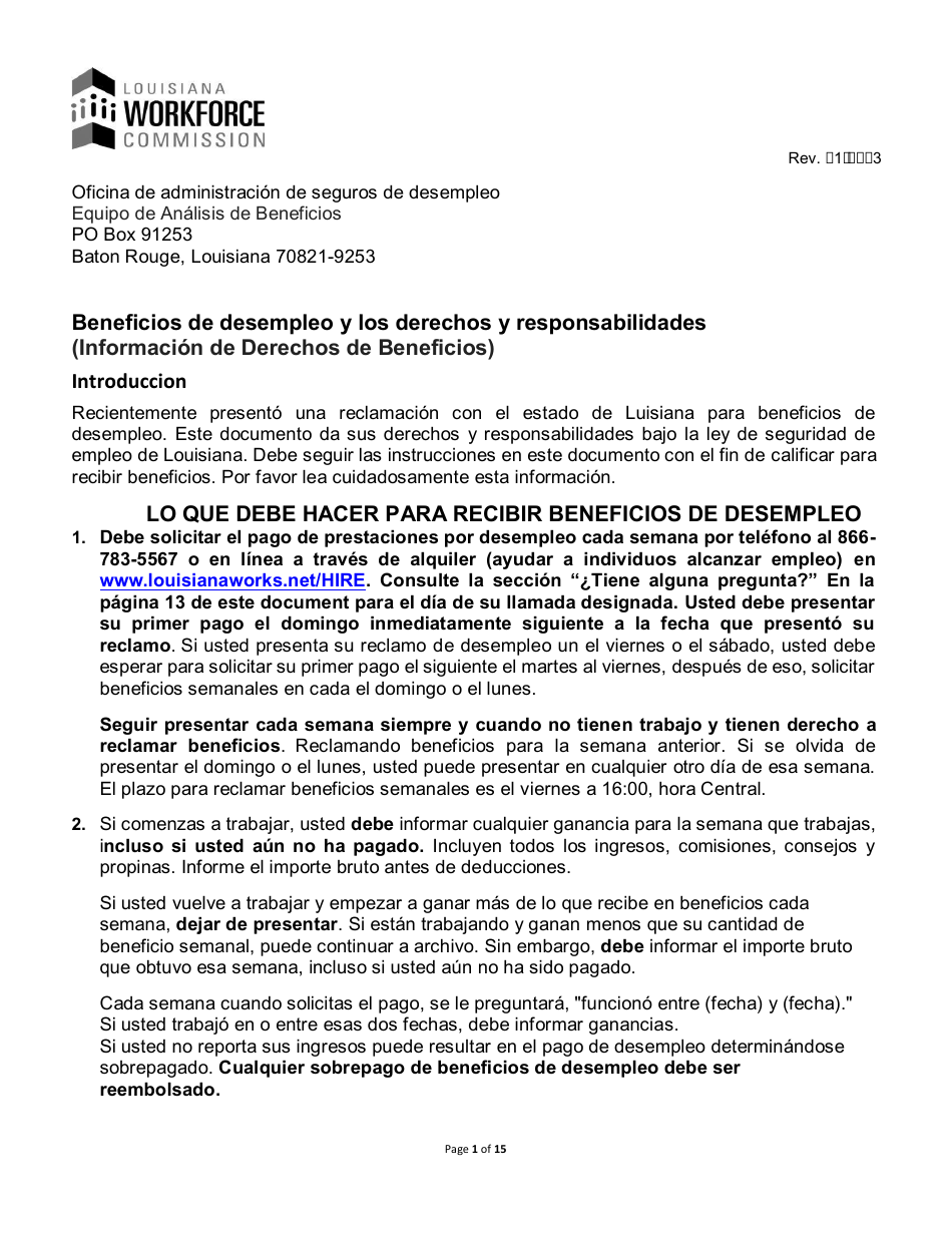 Beneficios De Desempleo Y Los Derechos Y Responsabilidades - Louisiana (Spanish), Page 1